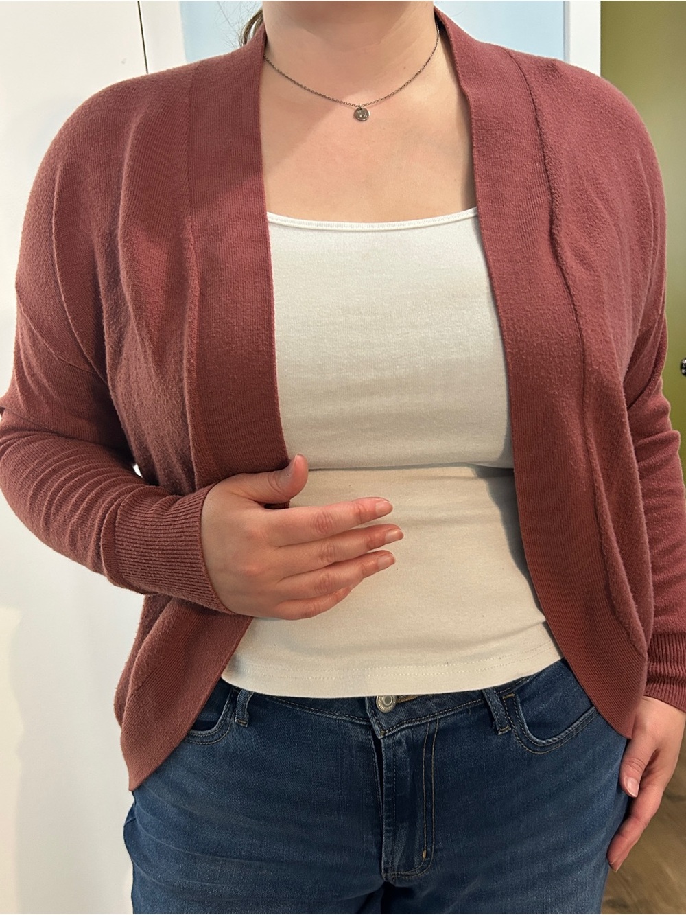 Reitmans Apple Butter — warm Dusty Rose — Open Front Cocoon Cardigan M-XL